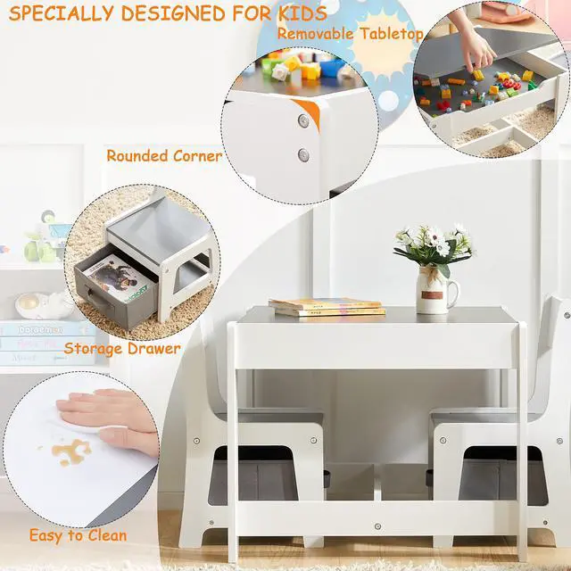 Alt view image 4 of 6 - Kids Table and Chair Set, 3 in 1 Wooden Activity Table with Storage Drawer for Toddlers Drawing, Reading, Crafts, 2 in 1 Detachable Tabletop Table Set for Nursery, Playroom (Gray)