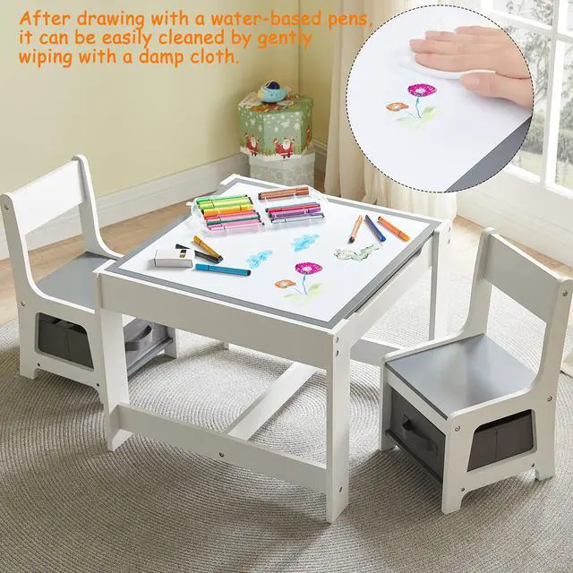 Alt view image 5 of 6 - Kids Table and Chair Set, 3 in 1 Wooden Activity Table with Storage Drawer for Toddlers Drawing, Reading, Crafts, 2 in 1 Detachable Tabletop Table Set for Nursery, Playroom (Gray)