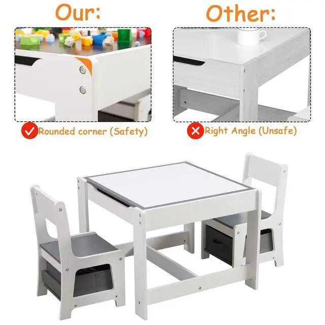 Alt view image 6 of 6 - Kids Table and Chair Set, 3 in 1 Wooden Activity Table with Storage Drawer for Toddlers Drawing, Reading, Crafts, 2 in 1 Detachable Tabletop Table Set for Nursery, Playroom (Gray)