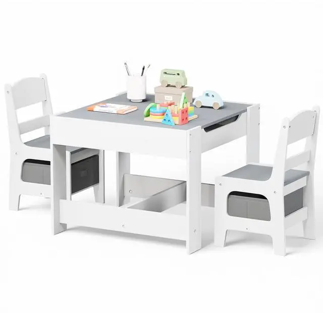 Main image of Kids Wood Table & 2 Chairs Set, Blackboard, Storage, Grey | 3 in 1 Children Activity Table, Studying, Drawing, Toddler Furniture Set for Playroom, Classroom, Daycare, Home, 3 Years+