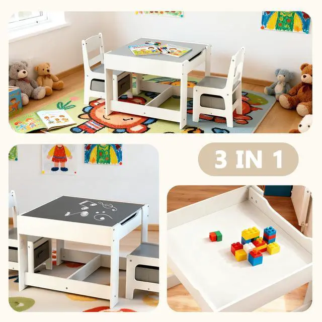 Alt view image 2 of 6 - Kids Wood Table & 2 Chairs Set, Blackboard, Storage, Grey | 3 in 1 Children Activity Table, Studying, Drawing, Toddler Furniture Set for Playroom, Classroom, Daycare, Home, 3 Years+