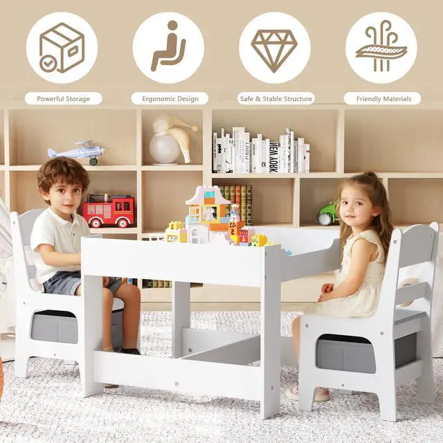 Alt view image 4 of 6 - Kids Wood Table & 2 Chairs Set, Blackboard, Storage, Grey | 3 in 1 Children Activity Table, Studying, Drawing, Toddler Furniture Set for Playroom, Classroom, Daycare, Home, 3 Years+