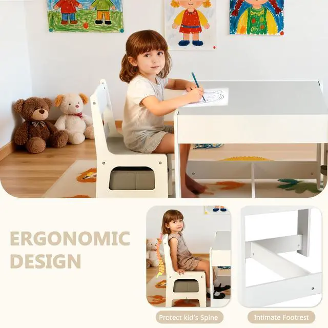Alt view image 5 of 6 - Kids Wood Table & 2 Chairs Set, Blackboard, Storage, Grey | 3 in 1 Children Activity Table, Studying, Drawing, Toddler Furniture Set for Playroom, Classroom, Daycare, Home, 3 Years+