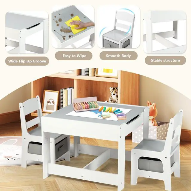 Alt view image 6 of 6 - Kids Wood Table & 2 Chairs Set, Blackboard, Storage, Grey | 3 in 1 Children Activity Table, Studying, Drawing, Toddler Furniture Set for Playroom, Classroom, Daycare, Home, 3 Years+
