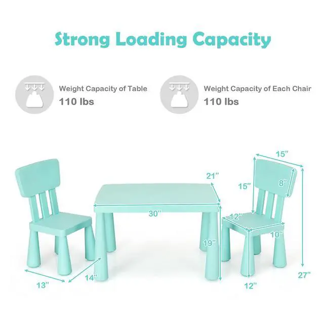 Alt view image 4 of 6 - Kids Table and Chair Set, Plastic Children Activity Table and 2 Chairs for Art Craft, Easy-Clean Tabletop, 3-Piece Toddler Furniture Set for Daycare Playroom, Gift for Boys Girls (Green)