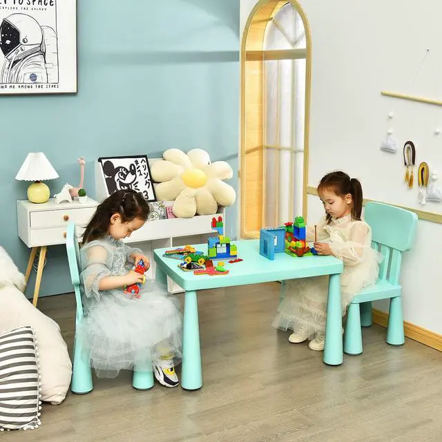 Alt view image 6 of 6 - Kids Table and Chair Set, Plastic Children Activity Table and 2 Chairs for Art Craft, Easy-Clean Tabletop, 3-Piece Toddler Furniture Set for Daycare Playroom, Gift for Boys Girls (Green)