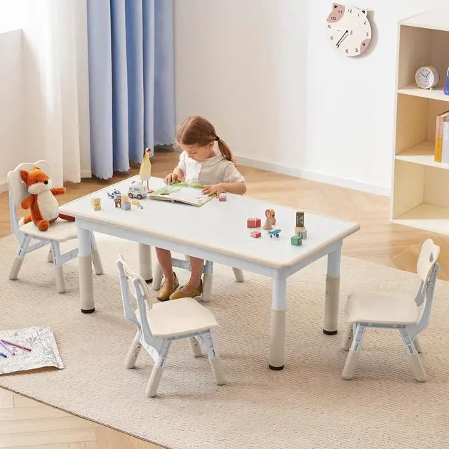 Main image of Kids Study Table and Chairs Set, Height Adjustable Toddler Table and Chair Set for Kids Ages 3-8, Graffiti Desktop (Burlywood - 1)