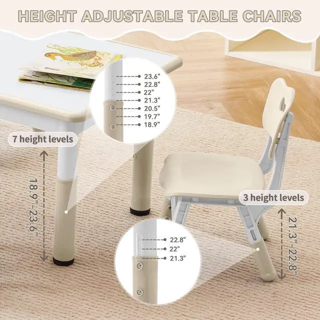 Alt view image 2 of 6 - Kids Study Table and Chairs Set, Height Adjustable Toddler Table and Chair Set for Kids Ages 3-8, Graffiti Desktop (Burlywood - 1)