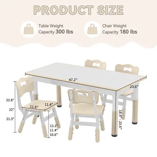 Alt view image 3 of 6 - Kids Study Table and Chairs Set, Height Adjustable Toddler Table and Chair Set for Kids Ages 3-8, Graffiti Desktop (Burlywood - 1)