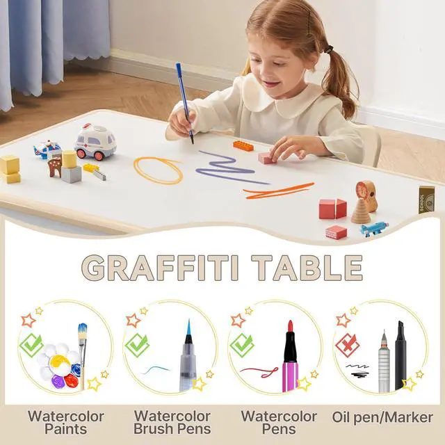 Alt view image 4 of 6 - Kids Study Table and Chairs Set, Height Adjustable Toddler Table and Chair Set for Kids Ages 3-8, Graffiti Desktop (Burlywood - 1)