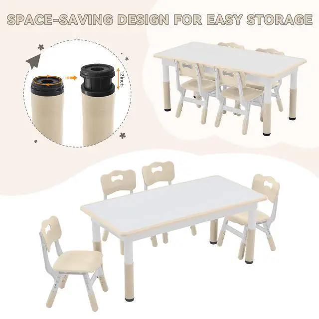 Alt view image 5 of 6 - Kids Study Table and Chairs Set, Height Adjustable Toddler Table and Chair Set for Kids Ages 3-8, Graffiti Desktop (Burlywood - 1)