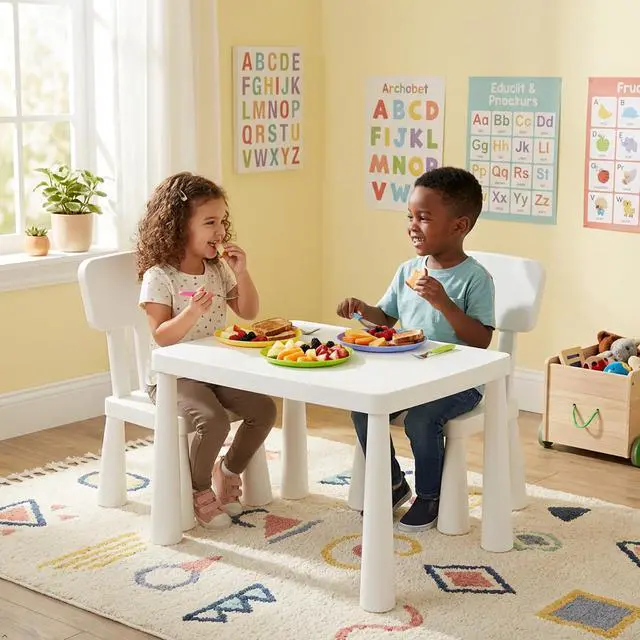 Alt view image 2 of 6 - Kids Table and Chairs, 3 Piece Plastic Easy Clean Children Activity Desk for Reading, Drawing, Snack Time, Arts Crafts, Preschool, Kindergarten & Playroom, Toddler Table and Chair Set (White)