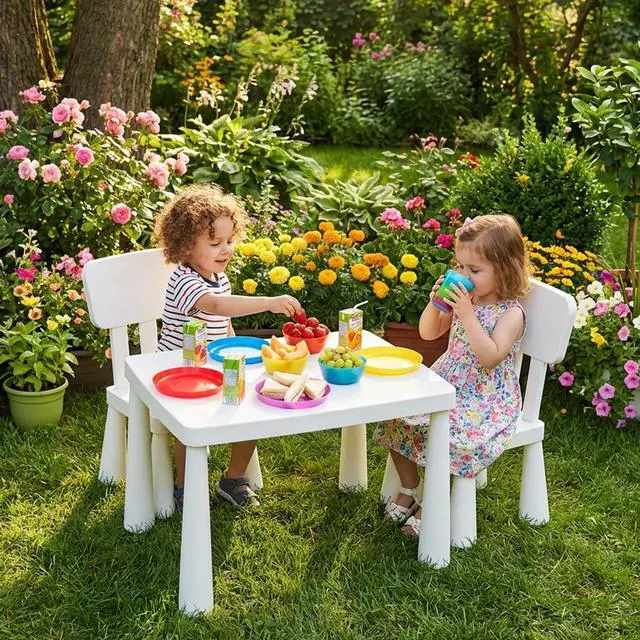 Alt view image 3 of 6 - Kids Table and Chairs, 3 Piece Plastic Easy Clean Children Activity Desk for Reading, Drawing, Snack Time, Arts Crafts, Preschool, Kindergarten & Playroom, Toddler Table and Chair Set (White)