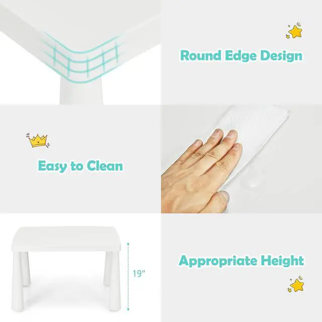 Alt view image 4 of 6 - Kids Table and Chairs, 3 Piece Plastic Easy Clean Children Activity Desk for Reading, Drawing, Snack Time, Arts Crafts, Preschool, Kindergarten & Playroom, Toddler Table and Chair Set (White)