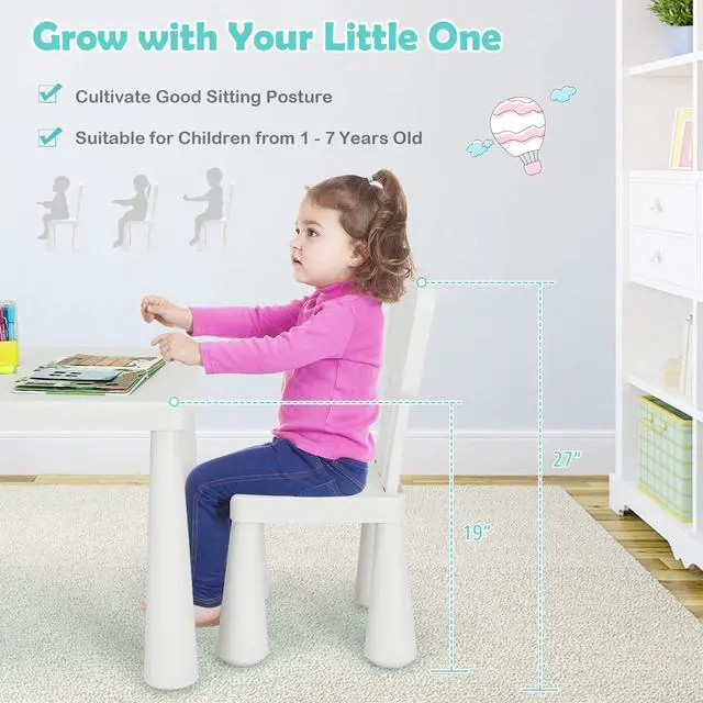 Alt view image 5 of 6 - Kids Table and Chairs, 3 Piece Plastic Easy Clean Children Activity Desk for Reading, Drawing, Snack Time, Arts Crafts, Preschool, Kindergarten & Playroom, Toddler Table and Chair Set (White)