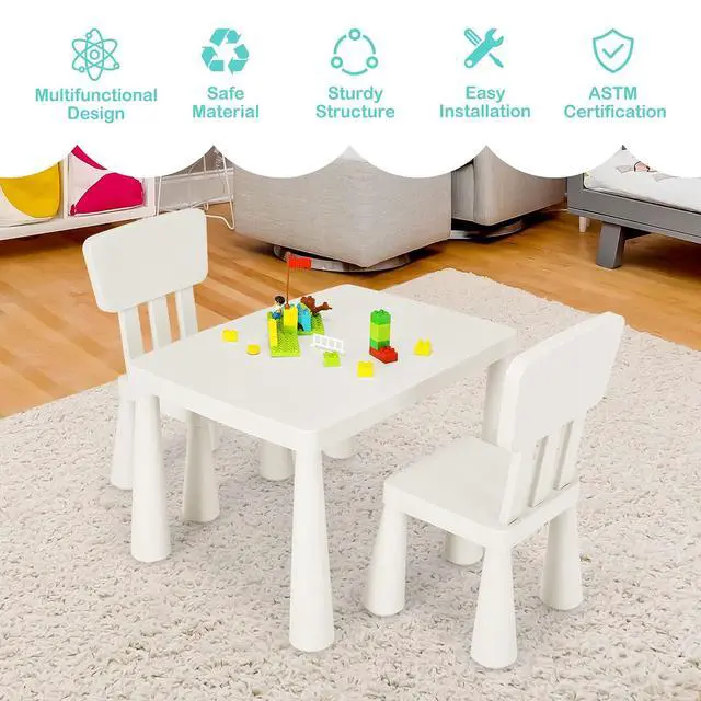 Alt view image 6 of 6 - Kids Table and Chairs, 3 Piece Plastic Easy Clean Children Activity Desk for Reading, Drawing, Snack Time, Arts Crafts, Preschool, Kindergarten & Playroom, Toddler Table and Chair Set (White)