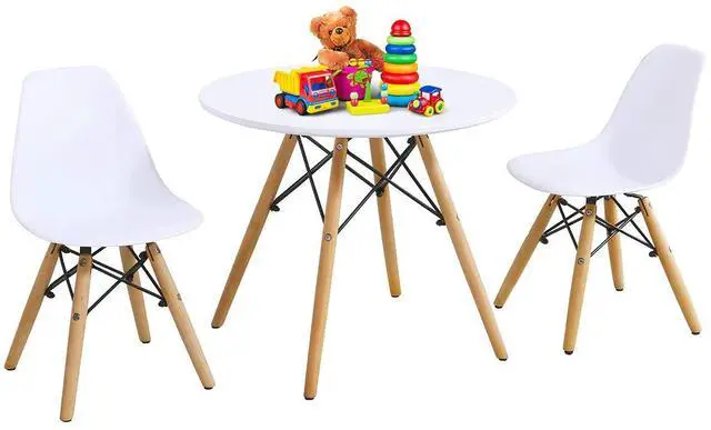 Main image of Kids Table and Chair Set, 3-Piece Kids Mid-Century Modern Style Table Set with Wood Legs for Dining Drawing Playing, Toddler Table and Chairs (White, Table & 2 Chairs)