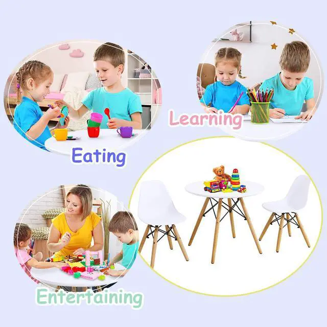 Alt view image 2 of 6 - Kids Table and Chair Set, 3-Piece Kids Mid-Century Modern Style Table Set with Wood Legs for Dining Drawing Playing, Toddler Table and Chairs (White, Table & 2 Chairs)