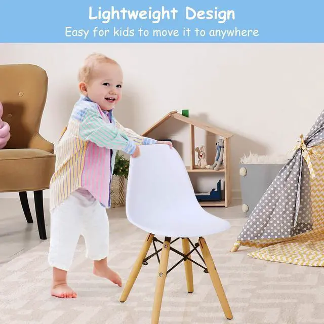 Alt view image 3 of 6 - Kids Table and Chair Set, 3-Piece Kids Mid-Century Modern Style Table Set with Wood Legs for Dining Drawing Playing, Toddler Table and Chairs (White, Table & 2 Chairs)