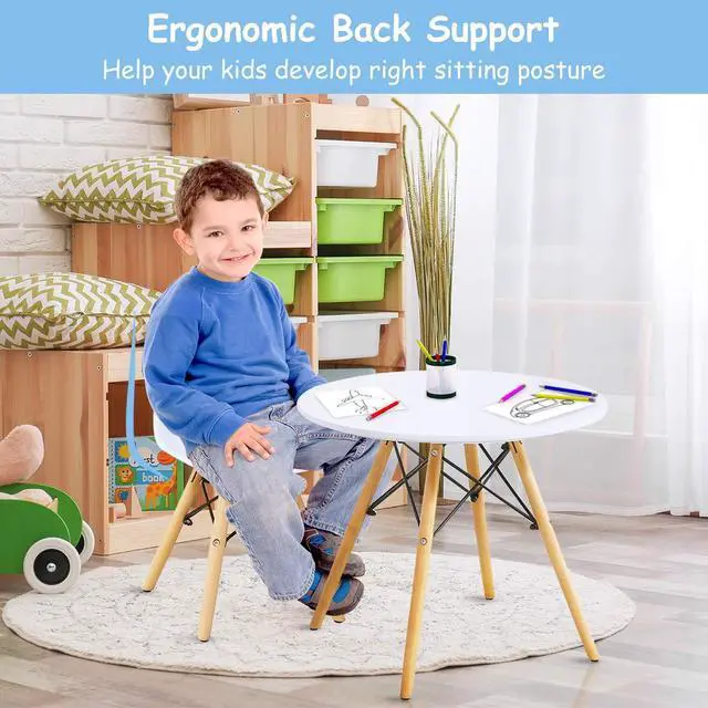 Alt view image 4 of 6 - Kids Table and Chair Set, 3-Piece Kids Mid-Century Modern Style Table Set with Wood Legs for Dining Drawing Playing, Toddler Table and Chairs (White, Table & 2 Chairs)