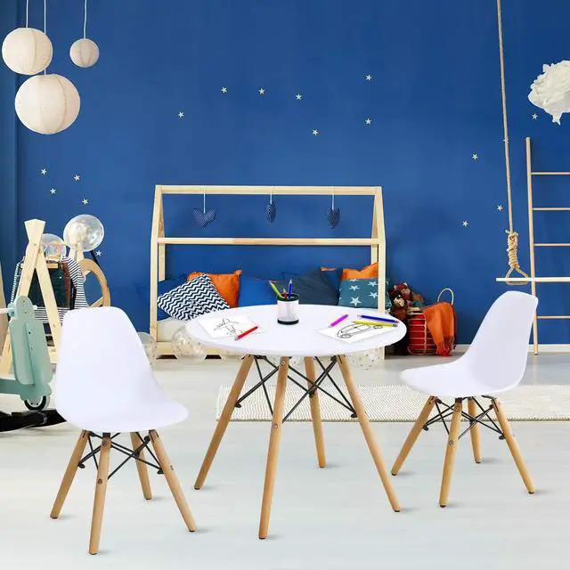 Alt view image 5 of 6 - Kids Table and Chair Set, 3-Piece Kids Mid-Century Modern Style Table Set with Wood Legs for Dining Drawing Playing, Toddler Table and Chairs (White, Table & 2 Chairs)