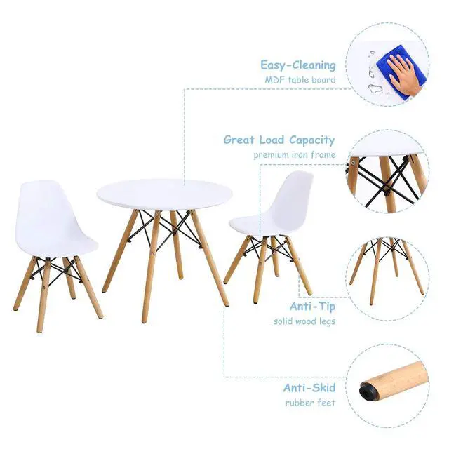Alt view image 6 of 6 - Kids Table and Chair Set, 3-Piece Kids Mid-Century Modern Style Table Set with Wood Legs for Dining Drawing Playing, Toddler Table and Chairs (White, Table & 2 Chairs)