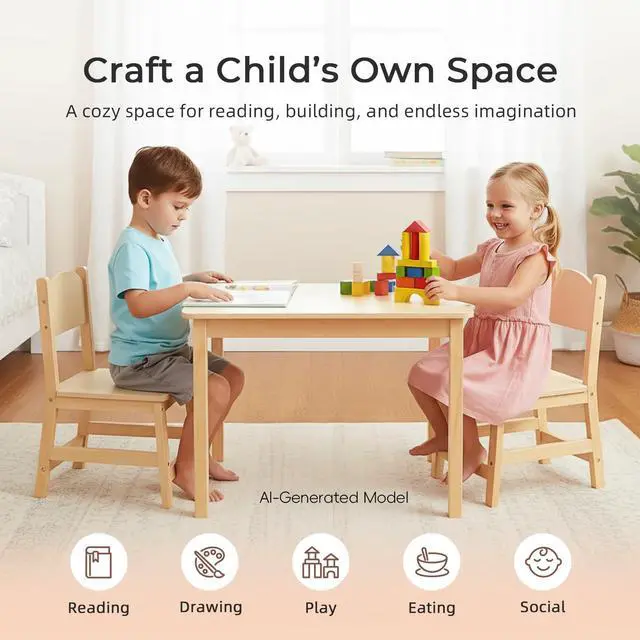 Alt view image 5 of 6 - Wood Kids Table and Chairs Set, Waterproof Desktop, Easy to Clean, Smooth Edge, Ideal Toddler Table Chairs Set for Eating, Snack Time and Play Games