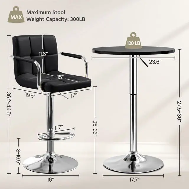 Alt view image 2 of 6 - 3-Piece Round Bar Table and PU Leather Adjustable Swivel Chairs, Modern Counter Height Table Set with 2 Bar Stool for Kitchen, Black