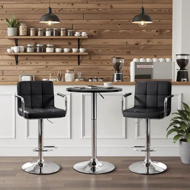 Alt view image 3 of 6 - 3-Piece Round Bar Table and PU Leather Adjustable Swivel Chairs, Modern Counter Height Table Set with 2 Bar Stool for Kitchen, Black