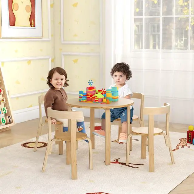 Alt view image 2 of 6 - Kids Table and Chair Set, Bentwood Toddler Round Table and 4 Chairs for Craft Art, Building Block, 5-Piece Children Furniture Set for Daycare, Kindergarten, Playroom (Natural)