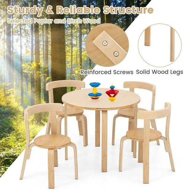 Alt view image 3 of 6 - Kids Table and Chair Set, Bentwood Toddler Round Table and 4 Chairs for Craft Art, Building Block, 5-Piece Children Furniture Set for Daycare, Kindergarten, Playroom (Natural)