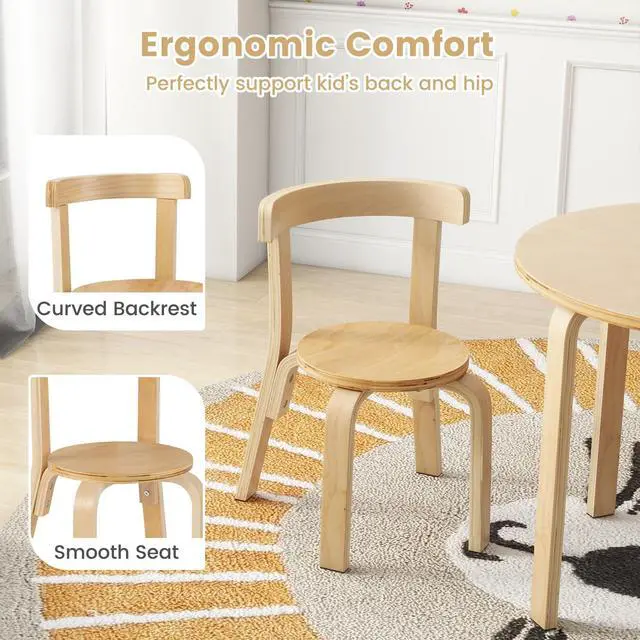 Alt view image 4 of 6 - Kids Table and Chair Set, Bentwood Toddler Round Table and 4 Chairs for Craft Art, Building Block, 5-Piece Children Furniture Set for Daycare, Kindergarten, Playroom (Natural)
