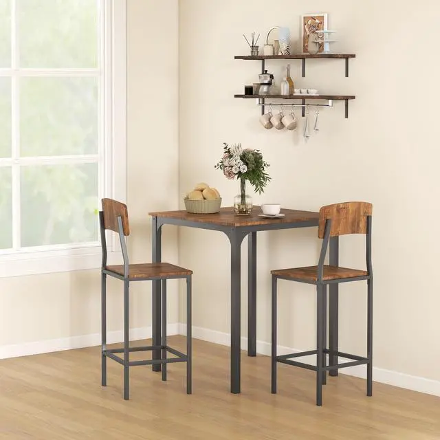 Main image of 3 Piece Industrial Counter Height Dining Table Set, Bar Table & Chairs with Steel Legs & Footrests, Black
