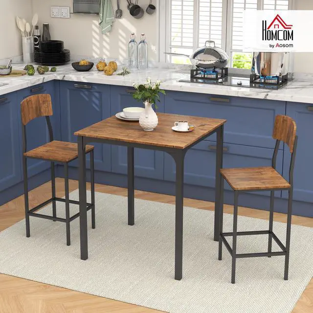 Alt view image 2 of 6 - 3 Piece Industrial Counter Height Dining Table Set, Bar Table & Chairs with Steel Legs & Footrests, Black