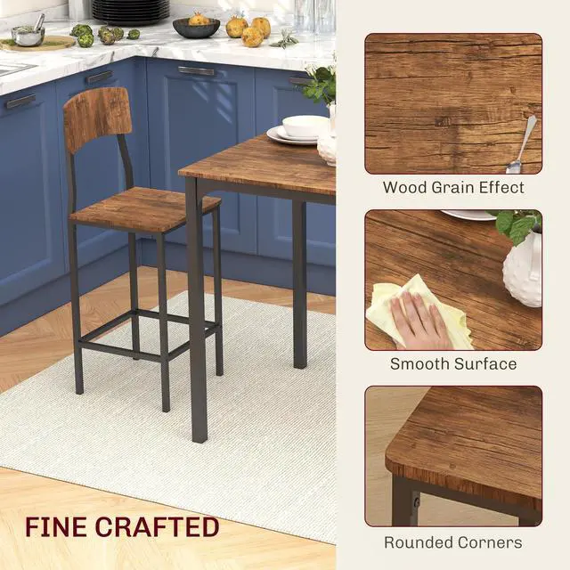 Alt view image 3 of 6 - 3 Piece Industrial Counter Height Dining Table Set, Bar Table & Chairs with Steel Legs & Footrests, Black