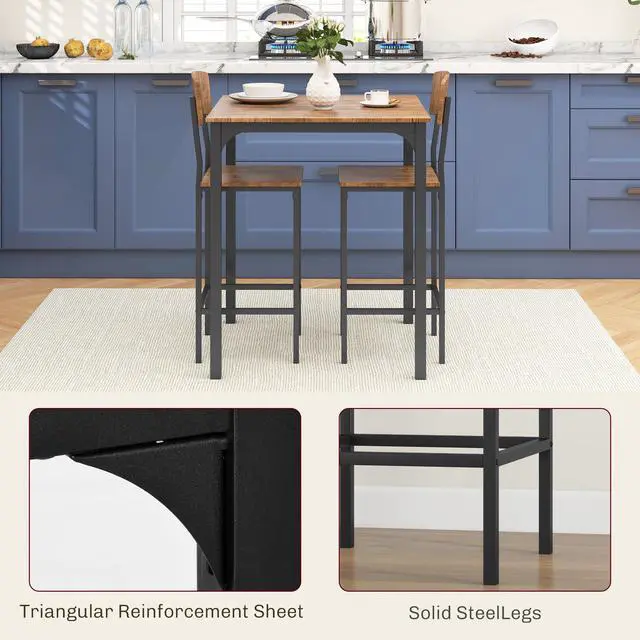 Alt view image 5 of 6 - 3 Piece Industrial Counter Height Dining Table Set, Bar Table & Chairs with Steel Legs & Footrests, Black