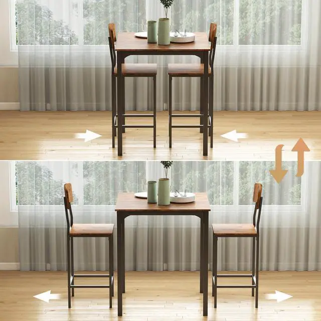 Alt view image 6 of 6 - 3 Piece Industrial Counter Height Dining Table Set, Bar Table & Chairs with Steel Legs & Footrests, Black