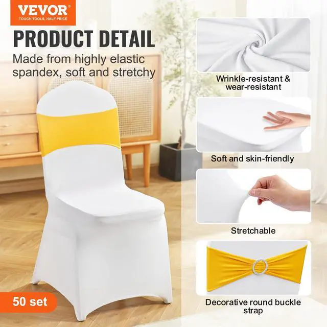 Alt view image 2 of 6 - Stretch Spandex Folding Chair Covers, Universal Fitted Chair Cover with Chair Sashes, Removable Washable Protective Slipcovers, for Wedding, Holiday, Banquet, Party, Dining (50 Set Gold & White)