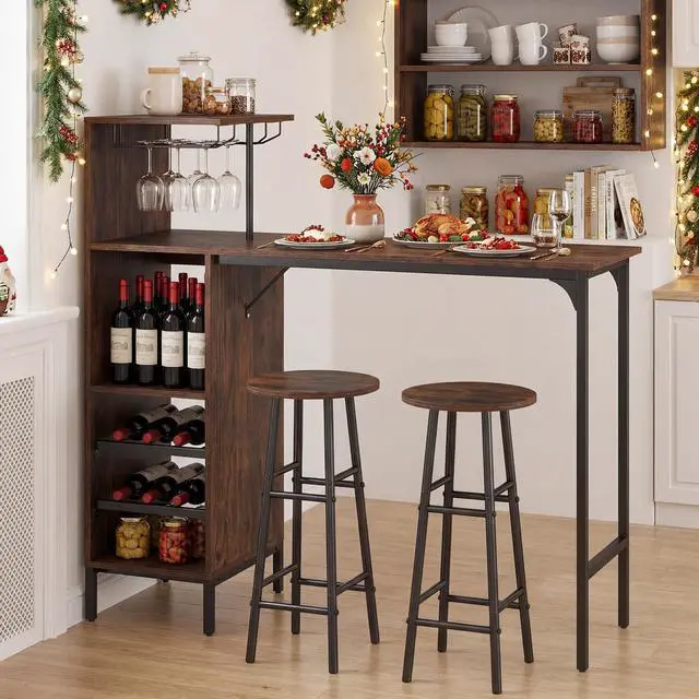 Alt view image 2 of 6 - 3 Pieces Bar Table and Stools Set, Bistro Table Set with Glass Holder, 2 Tier Wine Rack & Storage Shelves, Kitchen Counter Table with 2 Stools for Home, Dining Room, Restaurant (Rustic Brown)