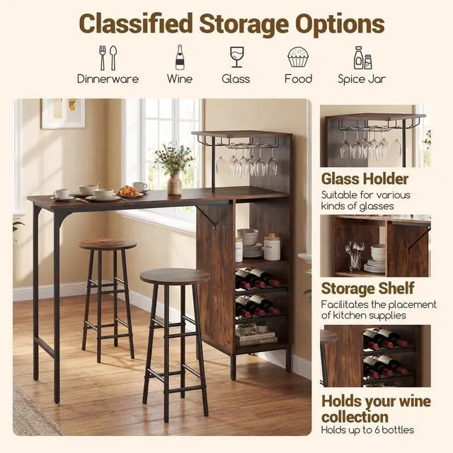 Alt view image 3 of 6 - 3 Pieces Bar Table and Stools Set, Bistro Table Set with Glass Holder, 2 Tier Wine Rack & Storage Shelves, Kitchen Counter Table with 2 Stools for Home, Dining Room, Restaurant (Rustic Brown)