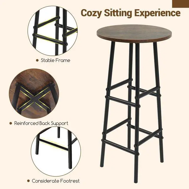 Alt view image 4 of 6 - 3 Pieces Bar Table and Stools Set, Bistro Table Set with Glass Holder, 2 Tier Wine Rack & Storage Shelves, Kitchen Counter Table with 2 Stools for Home, Dining Room, Restaurant (Rustic Brown)