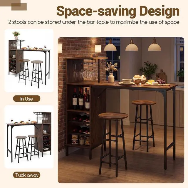 Alt view image 5 of 6 - 3 Pieces Bar Table and Stools Set, Bistro Table Set with Glass Holder, 2 Tier Wine Rack & Storage Shelves, Kitchen Counter Table with 2 Stools for Home, Dining Room, Restaurant (Rustic Brown)