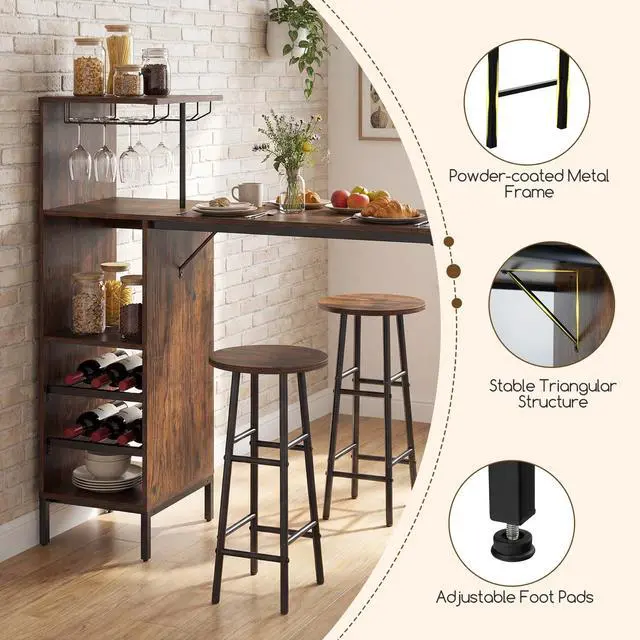 Alt view image 6 of 6 - 3 Pieces Bar Table and Stools Set, Bistro Table Set with Glass Holder, 2 Tier Wine Rack & Storage Shelves, Kitchen Counter Table with 2 Stools for Home, Dining Room, Restaurant (Rustic Brown)