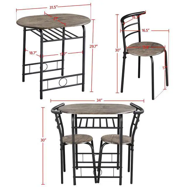 Alt view image 3 of 6 - 3 Piece Kitchen Table Set - Dining Table Sets for 2 - Compact Table and Chairs w/Steel Frame & Shelf Storage for Small Spaces, Apartment,Bistro - Drift Brown