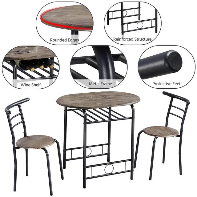 Alt view image 4 of 6 - 3 Piece Kitchen Table Set - Dining Table Sets for 2 - Compact Table and Chairs w/Steel Frame & Shelf Storage for Small Spaces, Apartment,Bistro - Drift Brown