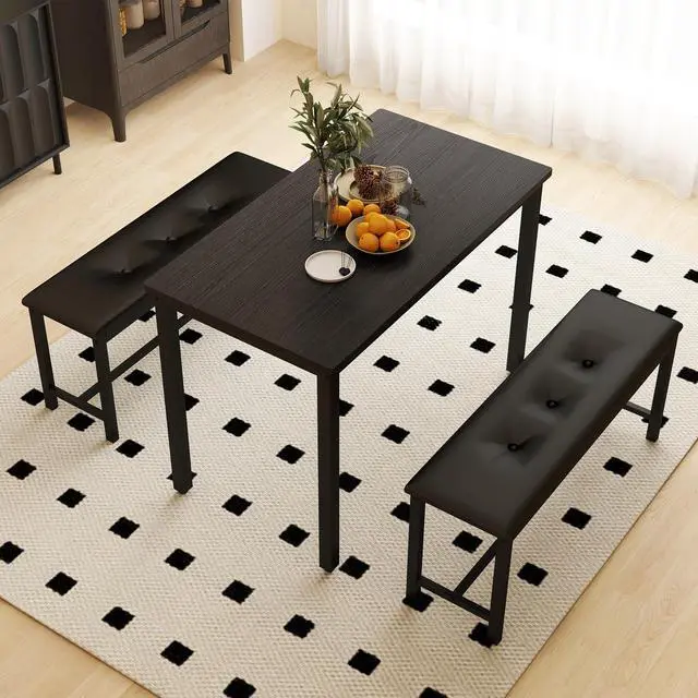 Main image of Dining Table Set for 4, Wood Kitchen Table & Chair with 2 Upholstered Benches for Breakfast Nook and Small Space, Black