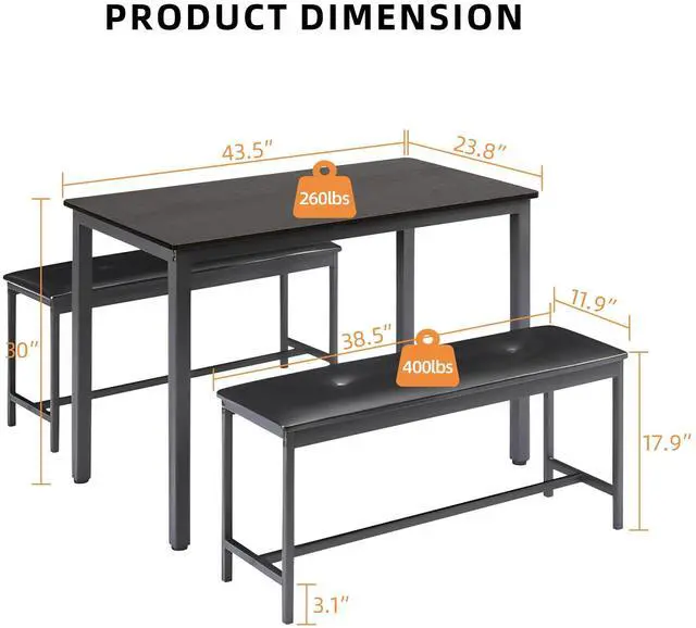 Alt view image 2 of 6 - Dining Table Set for 4, Wood Kitchen Table & Chair with 2 Upholstered Benches for Breakfast Nook and Small Space, Black