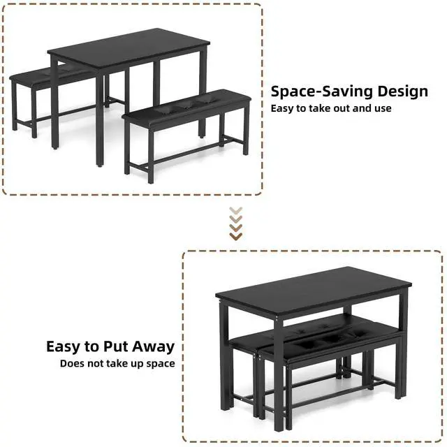 Alt view image 3 of 6 - Dining Table Set for 4, Wood Kitchen Table & Chair with 2 Upholstered Benches for Breakfast Nook and Small Space, Black