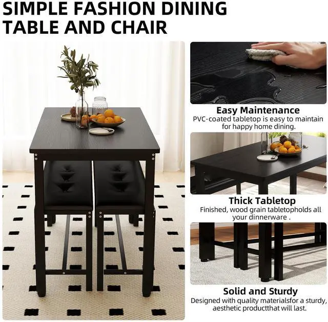 Alt view image 4 of 6 - Dining Table Set for 4, Wood Kitchen Table & Chair with 2 Upholstered Benches for Breakfast Nook and Small Space, Black