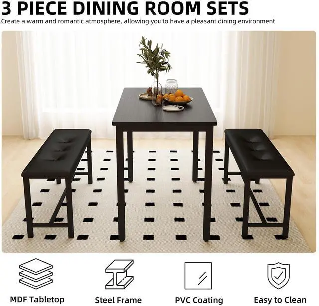 Alt view image 6 of 6 - Dining Table Set for 4, Wood Kitchen Table & Chair with 2 Upholstered Benches for Breakfast Nook and Small Space, Black